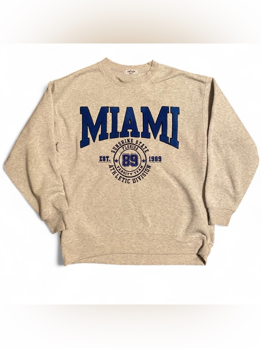 Refuge Gray Crewneck Sweatshirt with Bold Blue MIAMI Graphic